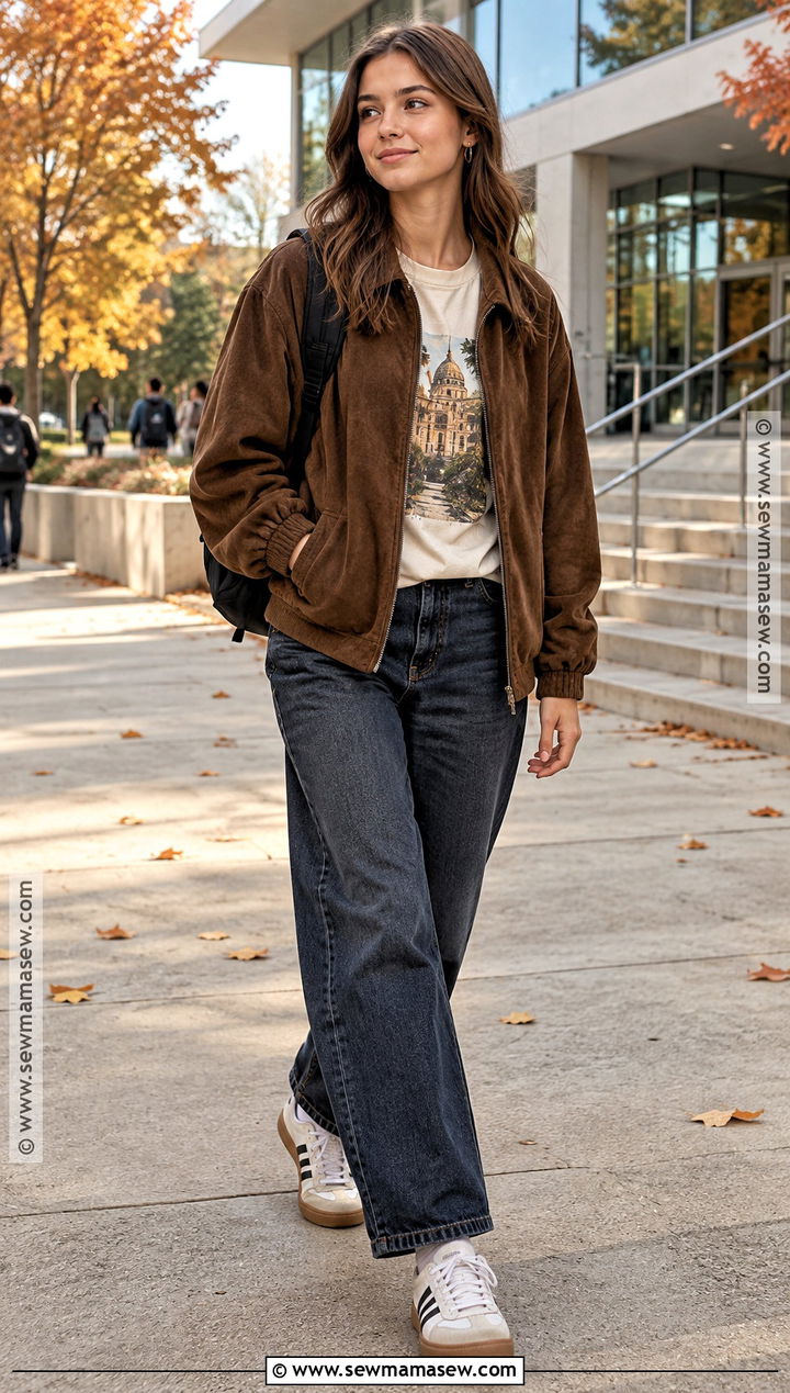 Graphic Tee And Bomber Jacket School Outfit - 15 cute everyday outfits for school fall