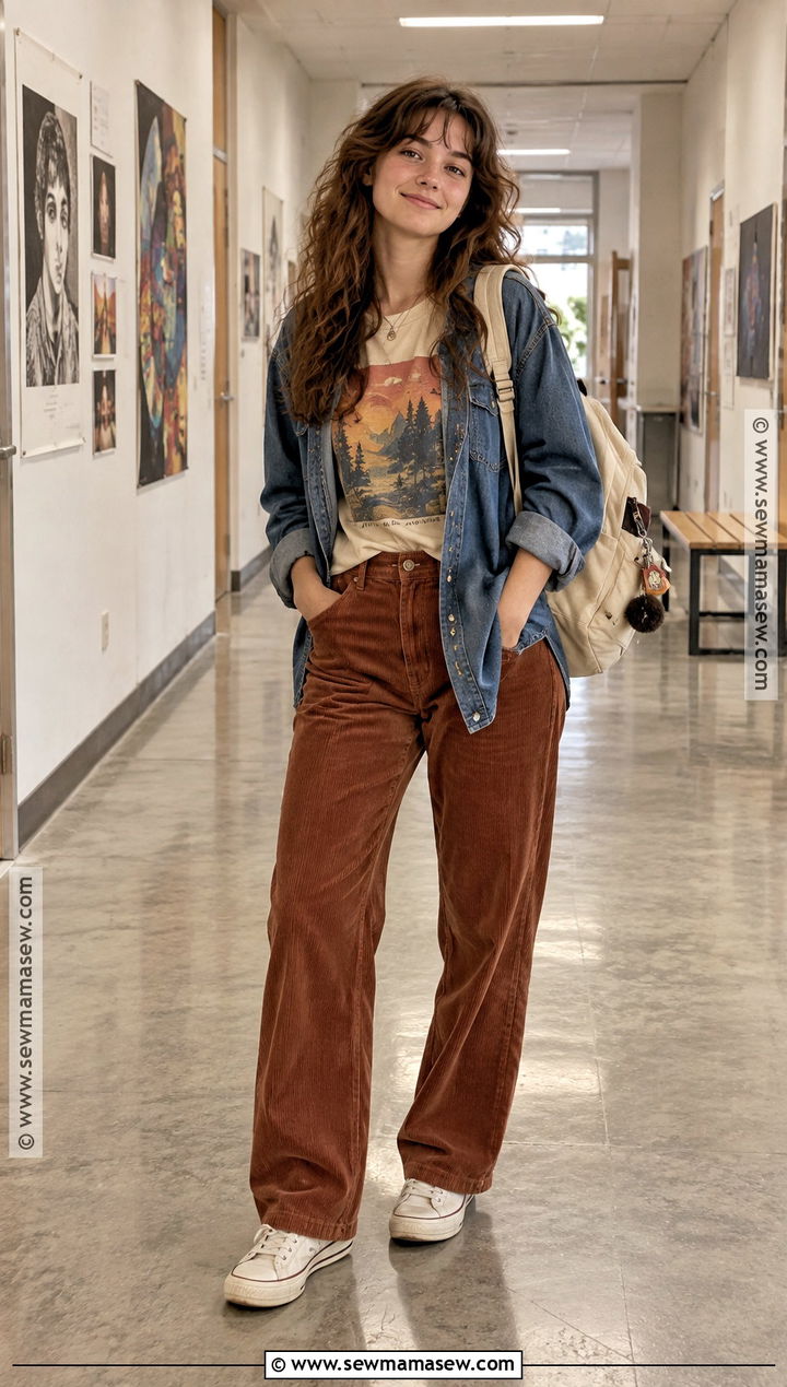 Graphic Tee And Corduroy Pants Fall School Outfit - 25 Fall School Fits