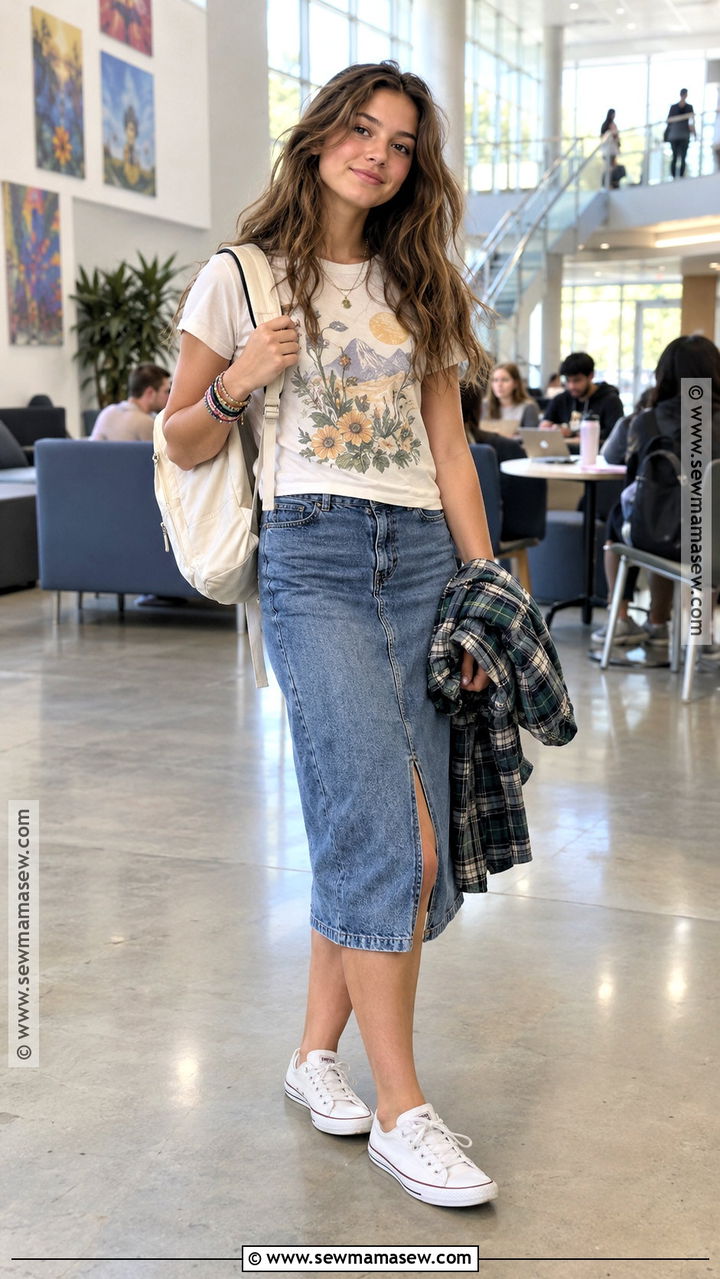 Graphic Tee And Denim Midi Skirt Outfit - 20 back to school outfits teen for girls