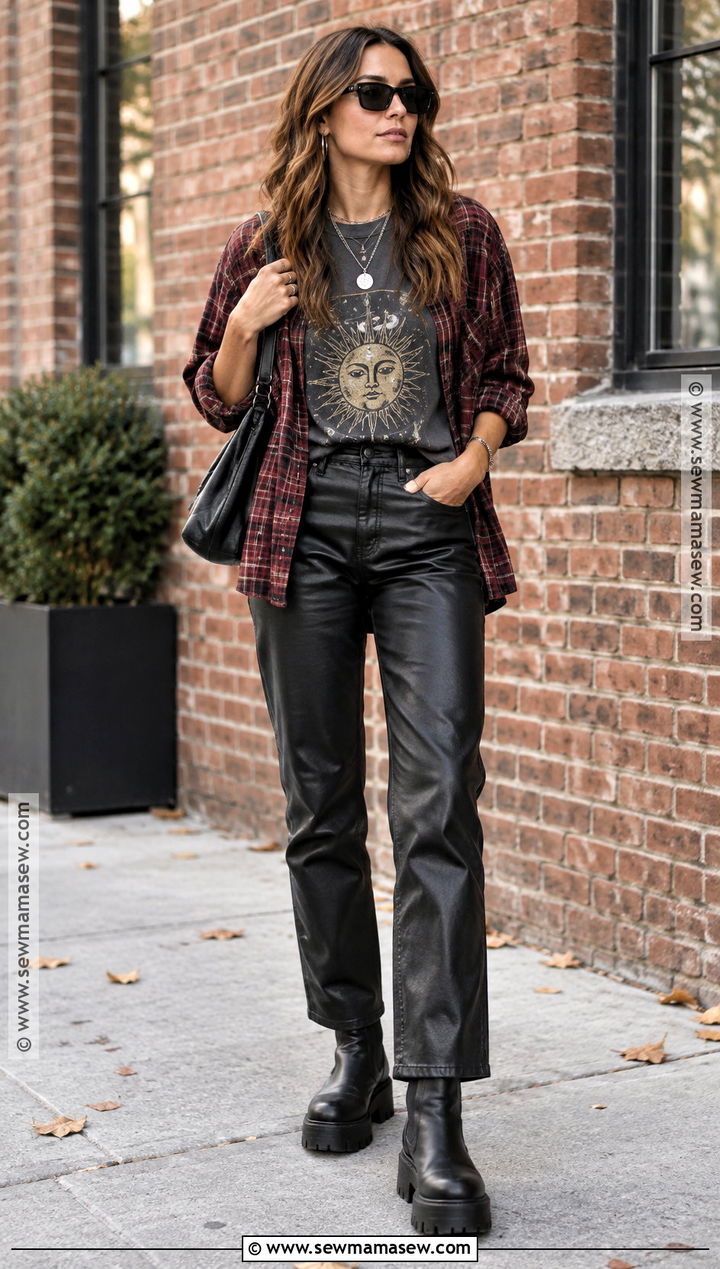 Graphic Tee And Faux Leather Pants Fall Baddie Outfit - 20 chill baddie outfits fall