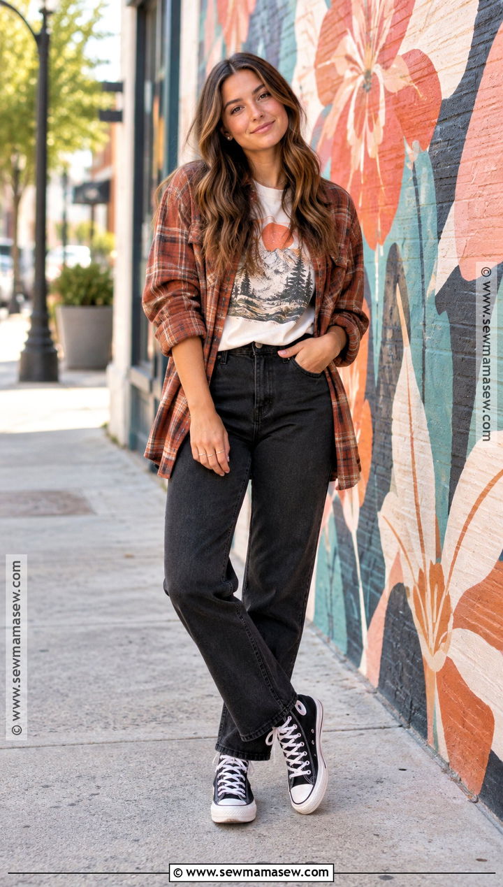 Graphic Tee And Flannel Senior Photo Outfit - 25 senior photo outfits fall