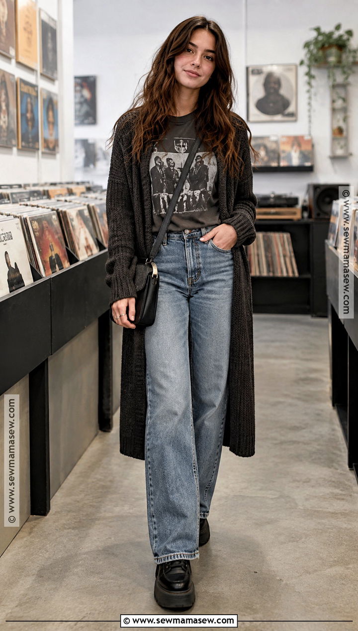 Graphic Tee And Open Cardigan Outfit - 20 the neighbourhood sweater weather ideas