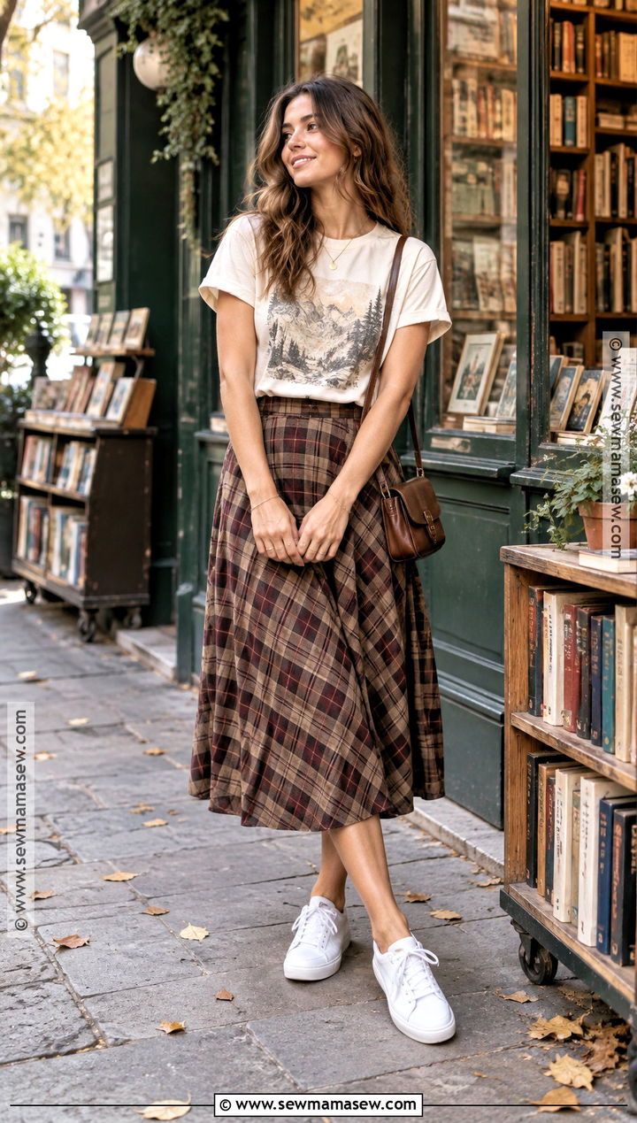 Graphic Tee And Plaid Midi Skirt Fall Outfit - 15 warm climate fall fashion ideas
