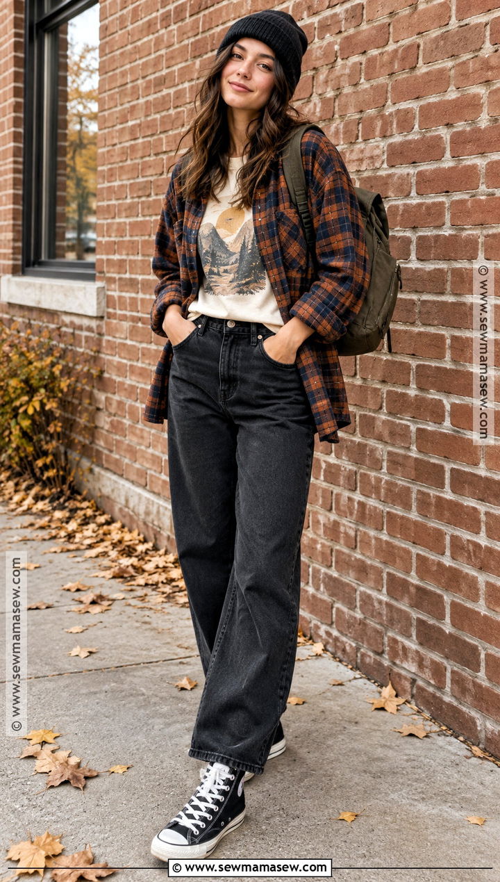 Graphic Tee And Plaid Overshirt Fall Streetwear - 15 women fall streetwear ideas