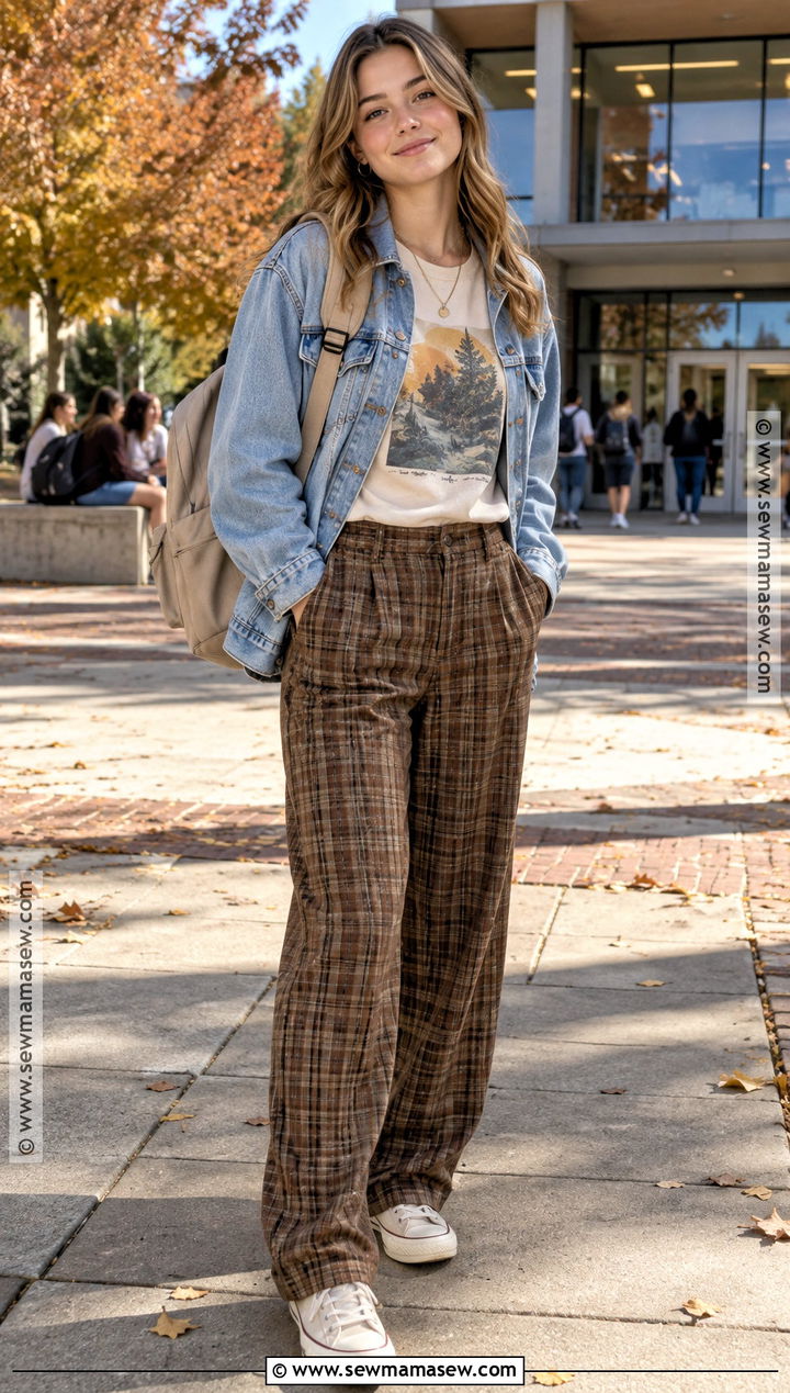 Graphic Tee And Plaid Trousers Outfit - 15 college back to school outfits