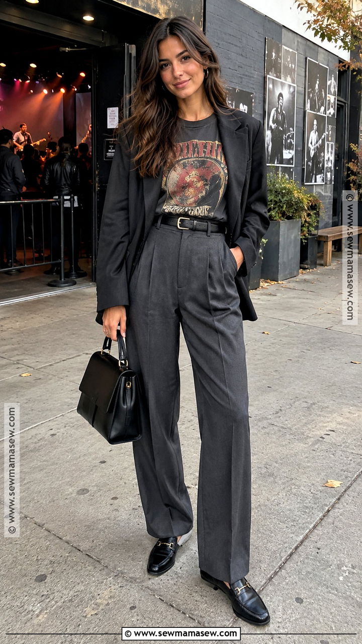 Graphic Tee And Pleated Trousers Date Night Outfit - 20 casual fall date night outfit ideas