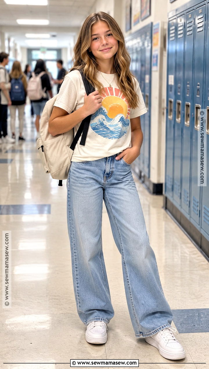 Graphic Tee And Wide Leg Jeans Back To School Outfit - 15 Back To School Outfits For 12-13