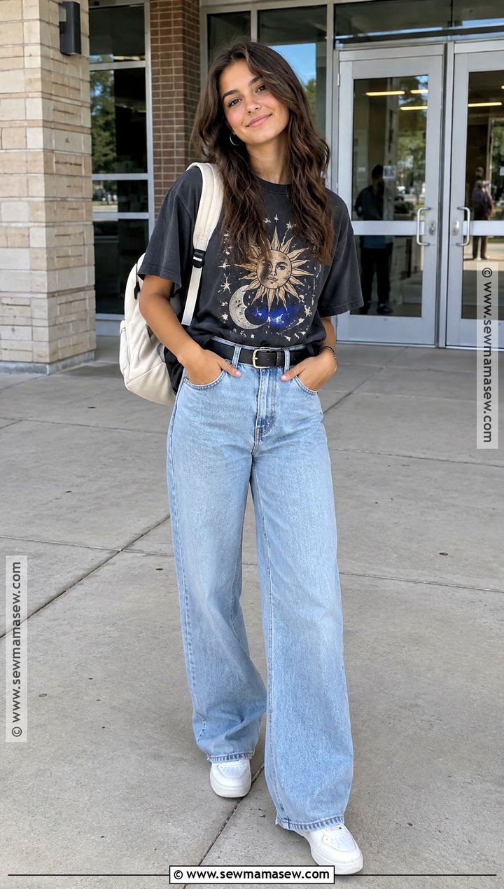 Graphic Tee And Wide Leg Jeans Back To School Outfit - 15 1St Day Back To School Outfits