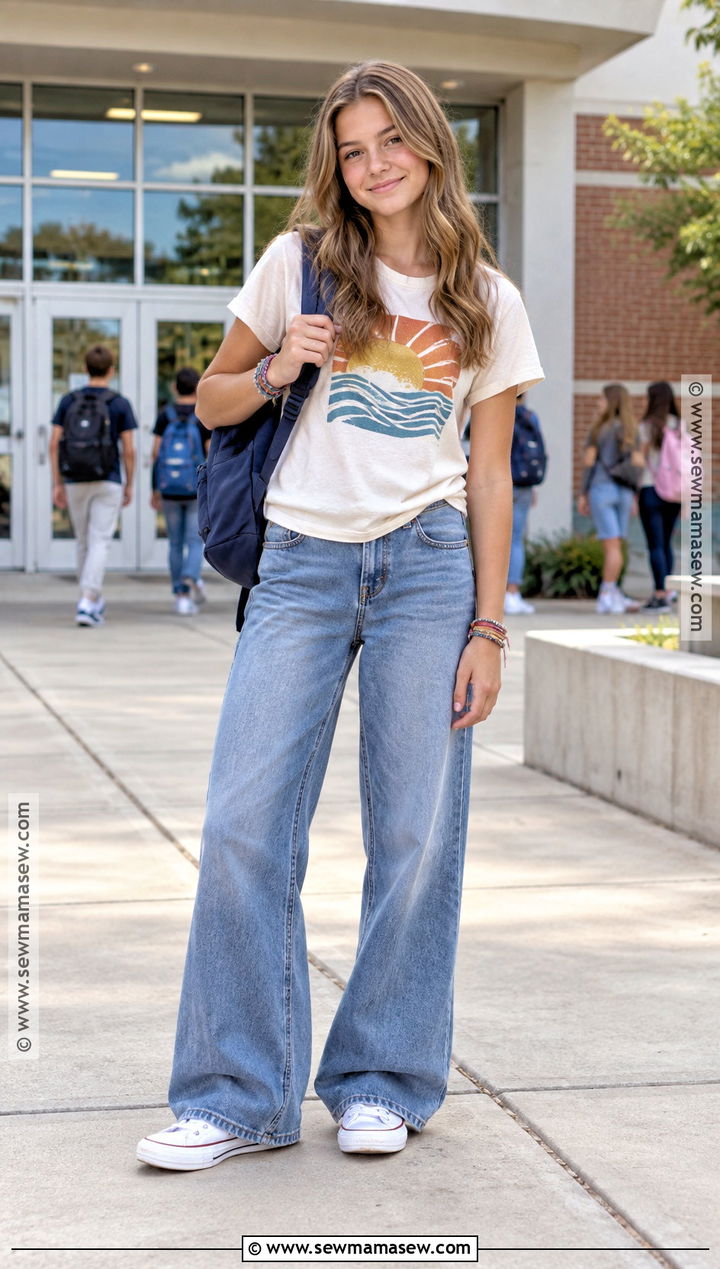 Graphic Tee And Wide Leg Jeans Outfit - 20 Back To School 7Th Grade Outfits