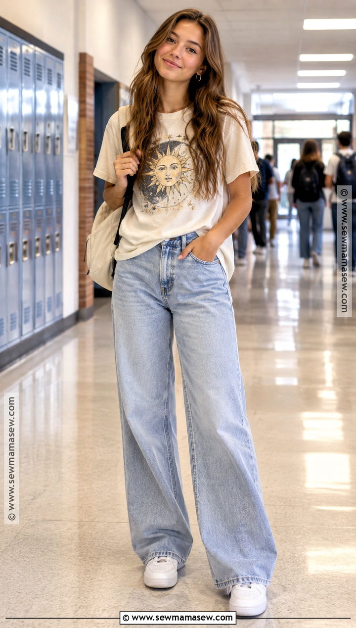 Graphic Tee School Outfit With Wide Leg Jeans - 15 school outfits back to school