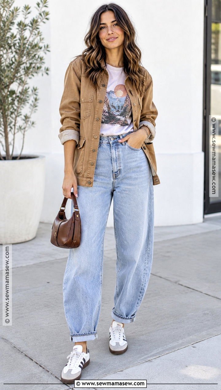 Graphic Tee With Barrel Jeans And Chore Jacket - 20 graphic tee outfit fall ideas