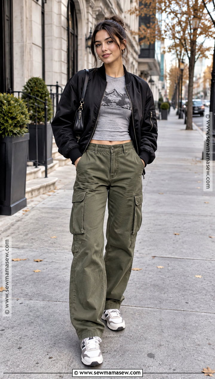 Graphic Tee With Cargo Pants And Bomber Jacket - 20 graphic tee outfit fall ideas