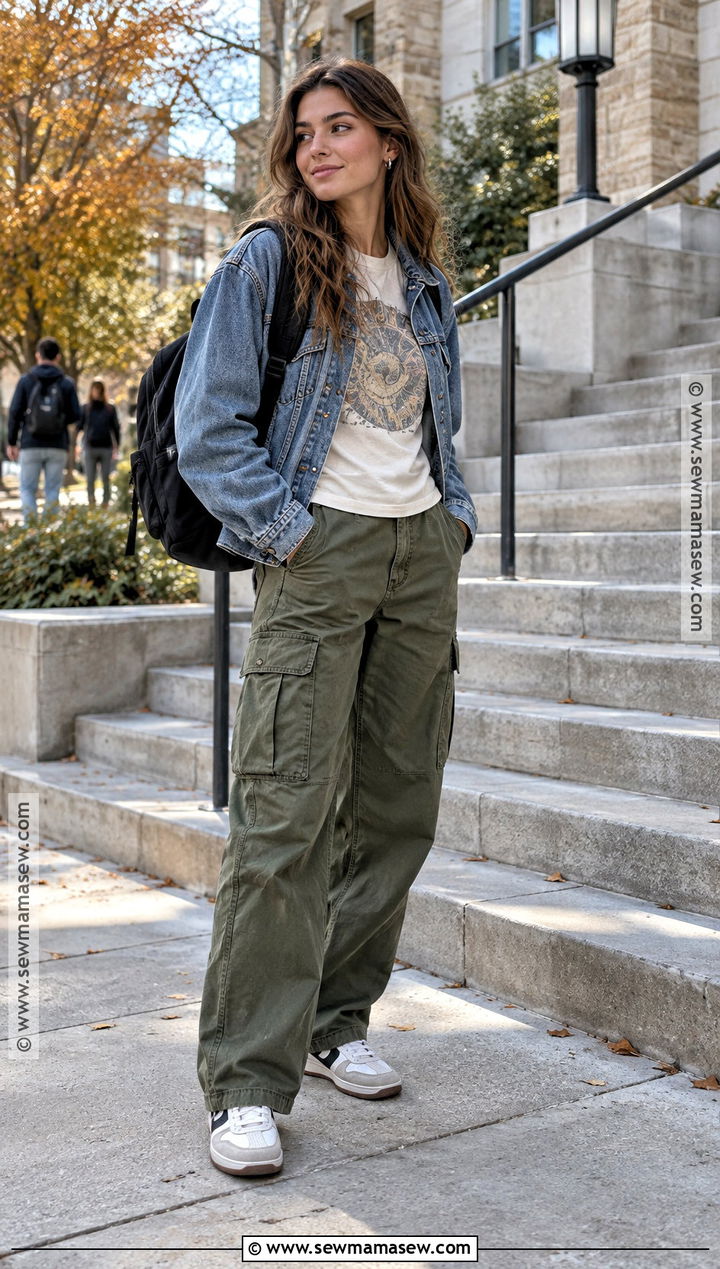 Graphic Tee With Cargo Pants And Denim Jacket - 20 outfits for fall school