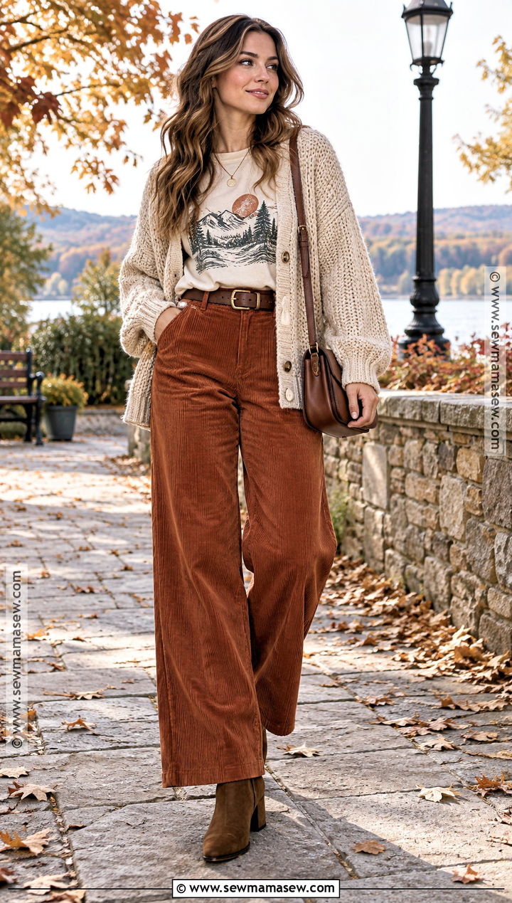 Graphic Tee With Corduroy Pants And Cardigan - 20 graphic tee outfit fall ideas