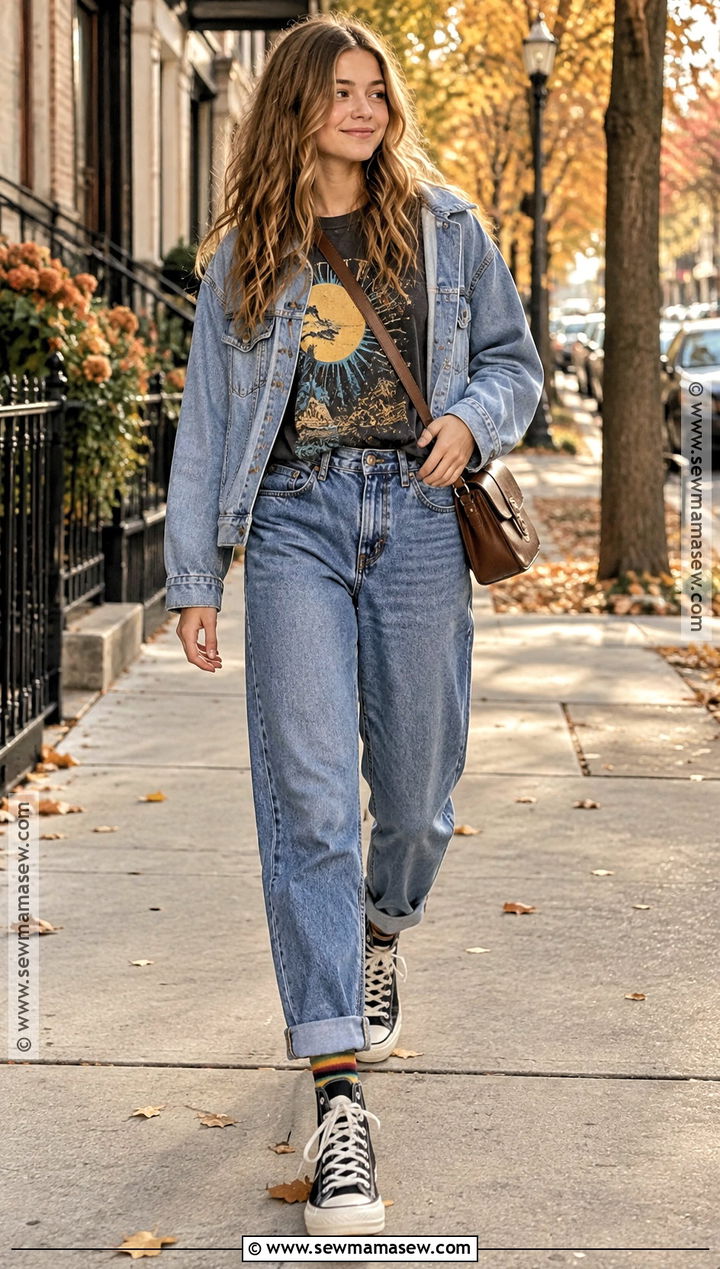 Graphic Tee With Denim Jacket And Loose Jeans - 15 cute fall clothes for teens