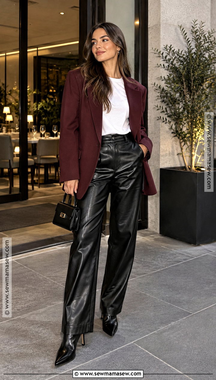 Graphic Tee With Faux Leather Pants And Blazer - 20 graphic tee outfit fall ideas