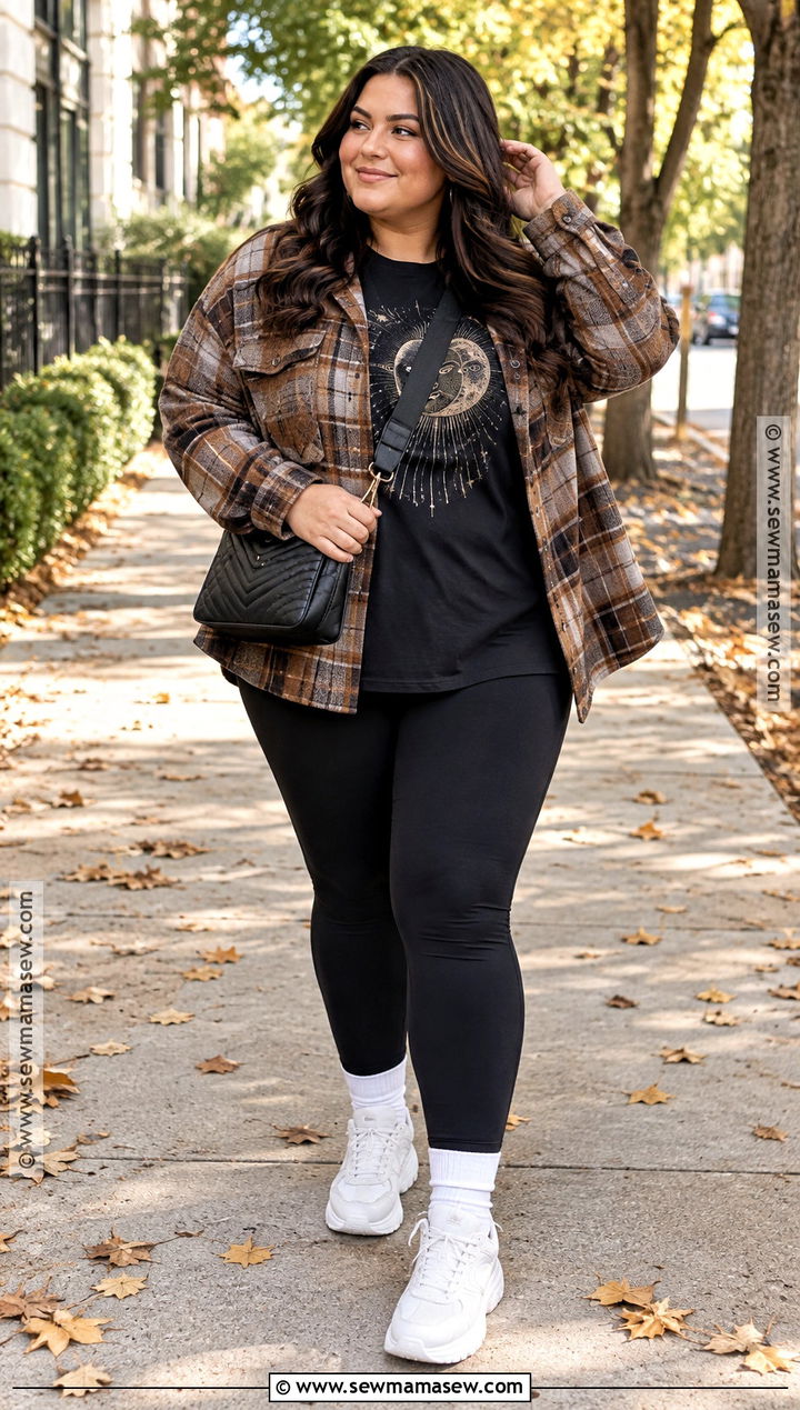 Graphic Tee With Leggings And Plaid Shacket - 20 graphic tee outfit fall ideas
