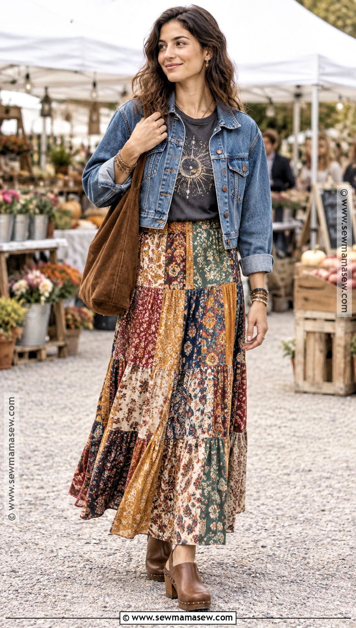 Graphic Tee With Patchwork Maxi Skirt Boho Fall Outfit - 15 Boho Outfits For Fall 2026