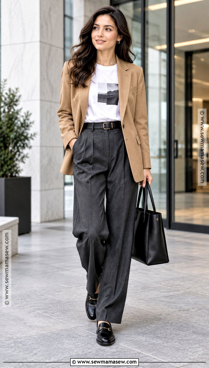 Graphic Tee With Tailored Trousers And Loafers - 20 graphic tee outfit fall ideas