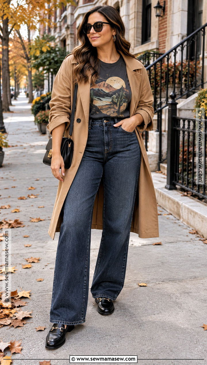 Graphic Tee With Wide Leg Jeans And Trench Coat - 20 Fall Tees Ideas
