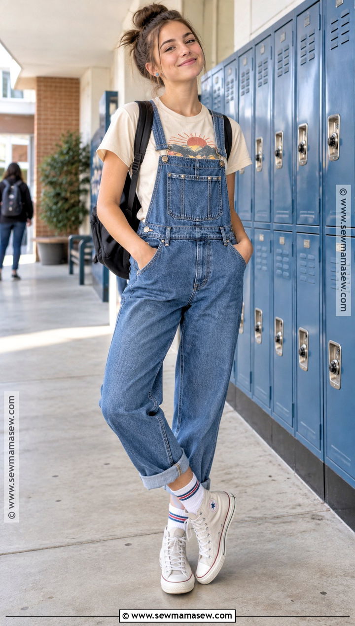 Graphic Tee and Denim Overalls Back to School Outfit - 15 back to school outfits casual