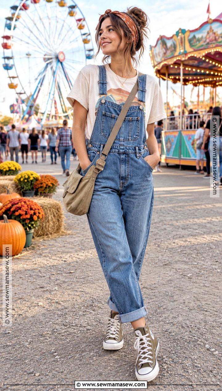 Graphic Tee and Denim Overalls Fall Fair Outfit - 25 fall fair outfit ideas