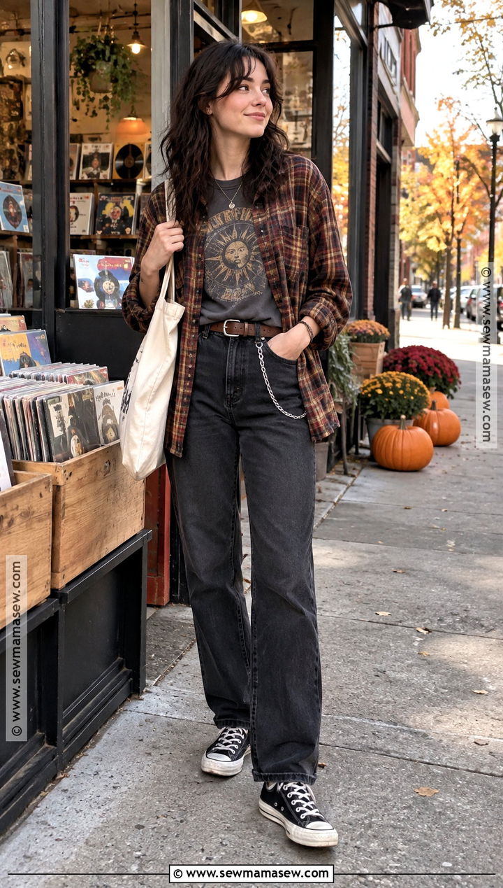 Graphic Tee and Flannel Downtown Autumn Outfit - 20 Downtown Autumn Outfits