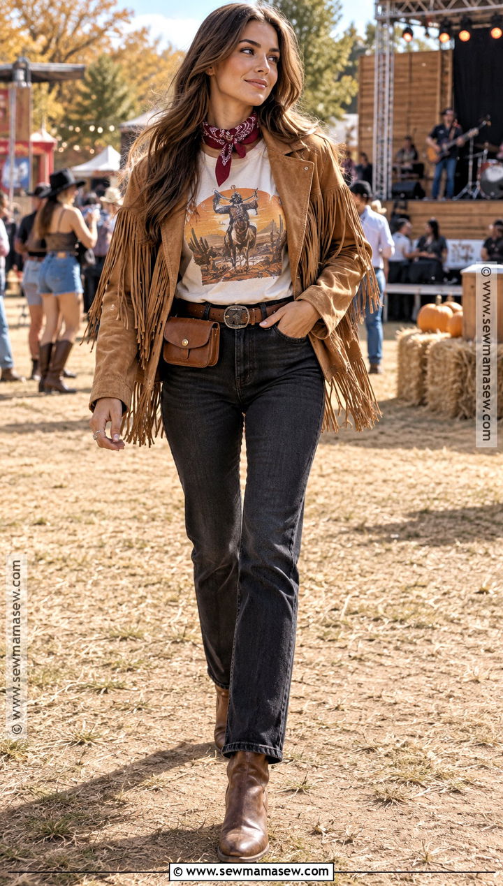 Graphic Tee and Fringe Jacket Country Festival Outfit - 20 country festival outfit fall ideas