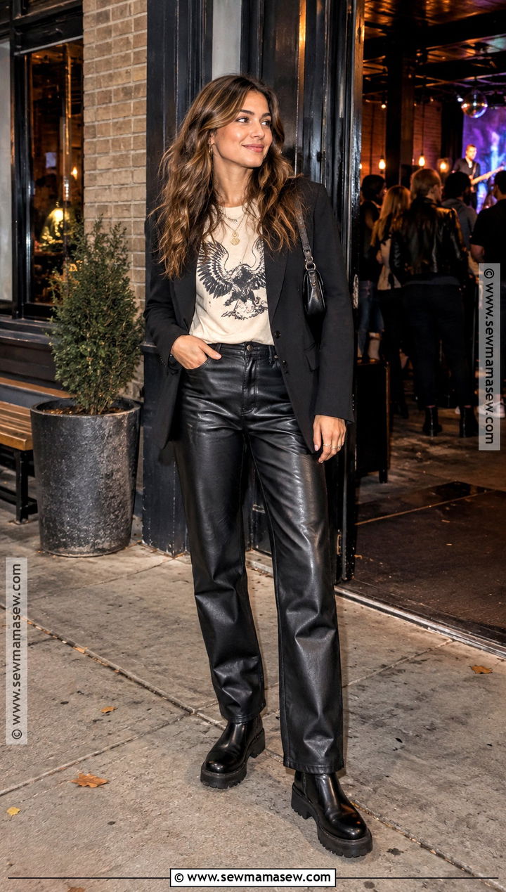 Graphic Tee and Leather Pants Bar Outfit - 25 Thanksgiving Eve Outfit Bar Ideas