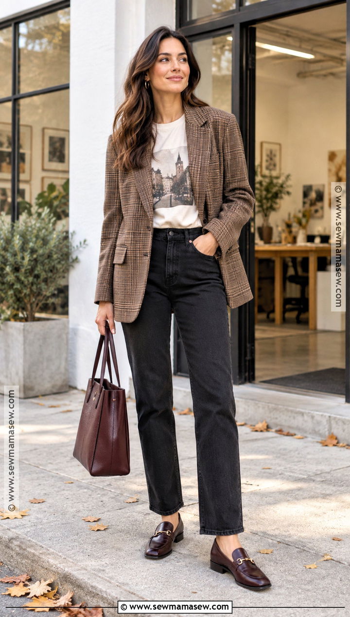 Graphic Tee and Plaid Blazer Autumn Outfit - 20 autumn transition outfits