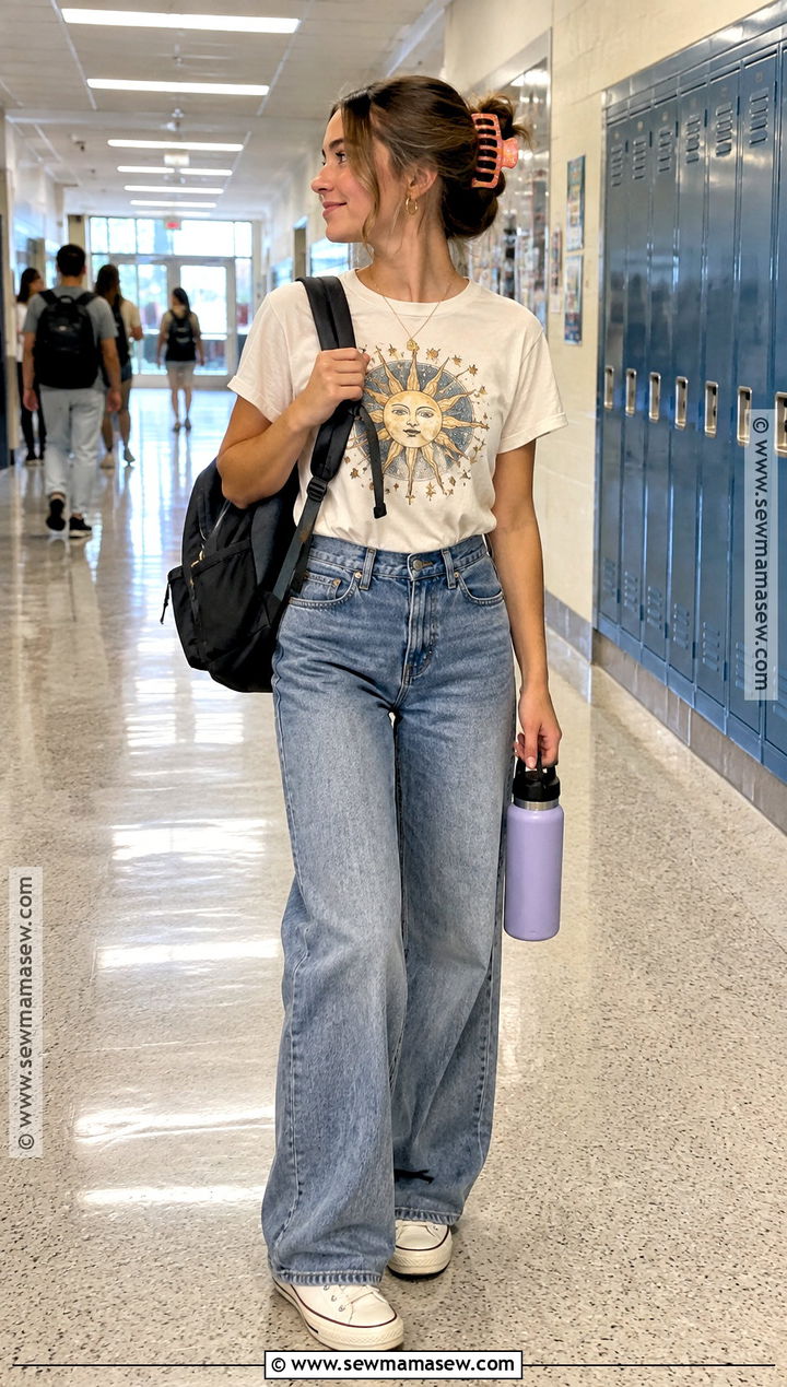 Graphic Tee and Wide Leg Jeans School Outfit - 15 back to school high school outfits