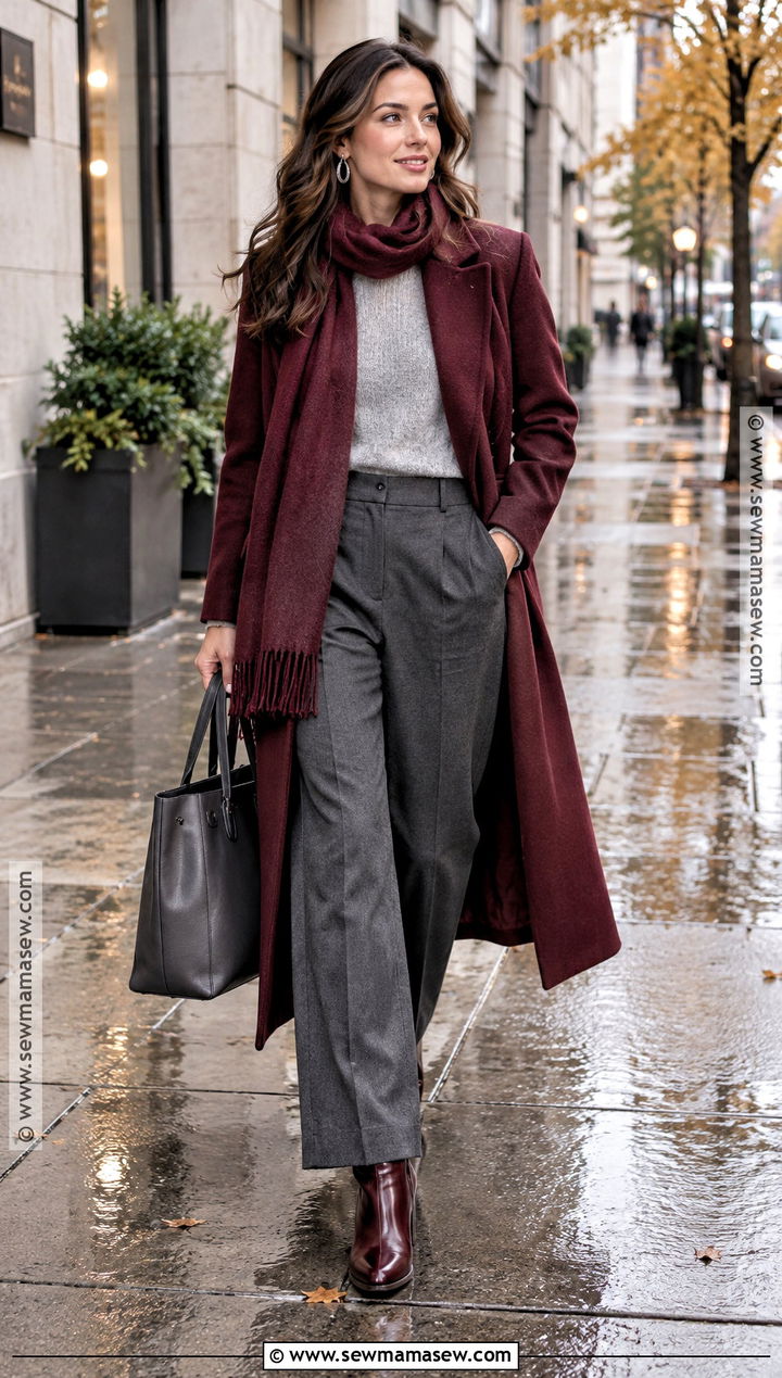 Gray And Burgundy Autumn Coat Outfit - 20 autumn outfits color palettes