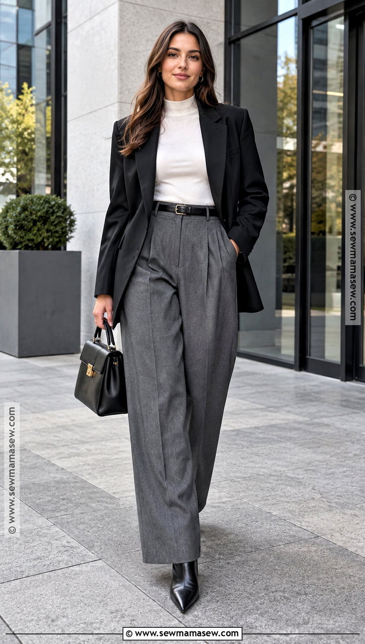Gray Baggy Trousers With Blazer And Ankle Boots - 15 Fall Baggy Pants Outfit