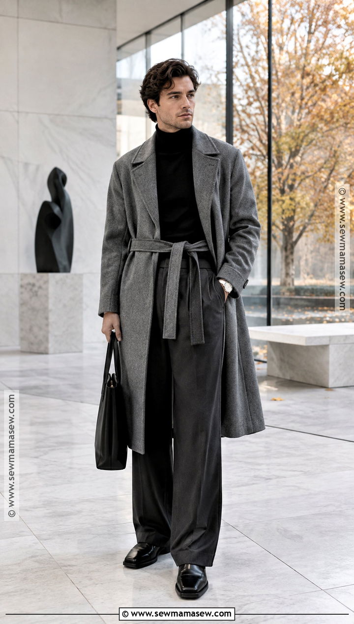 Gray Belted Coat With Wide Leg Trousers - 15 autumn coat ideas for men