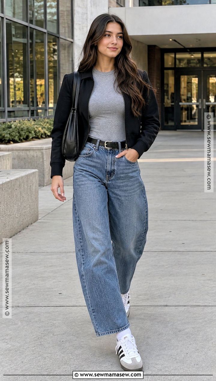 Gray Bodysuit With Barrel Jeans And Fitted Jacket - 15 Back To School Outfits Bodysuit