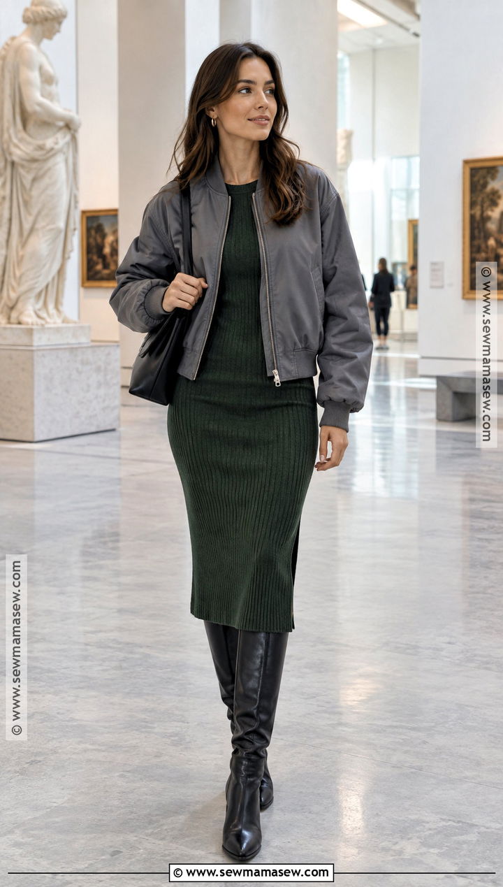Gray Bomber Jacket With Knit Dress - 15 gray jacket fall fashion ideas