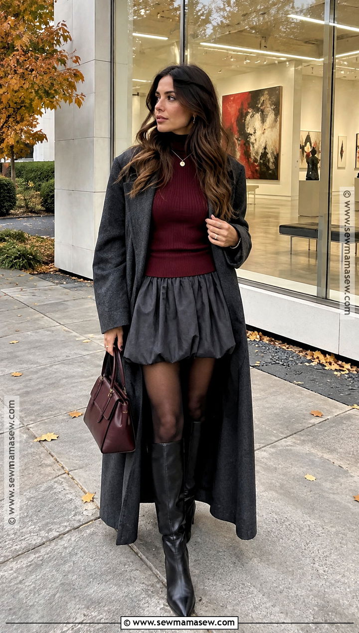 Gray Bubble Skirt With Burgundy Knit And Tall Boots - 20 bubble skirt fall outfit ideas