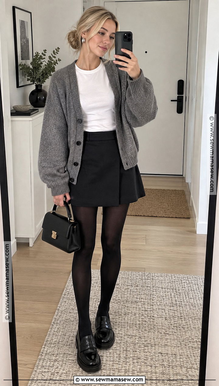 Gray Cardigan And Black Skirt Outfit - 20 blonde fall outfit ideas