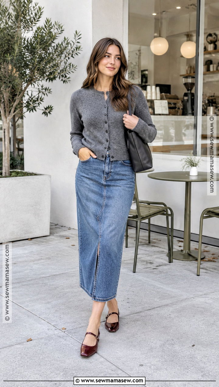 Gray Cardigan And Midi Jean Skirt Outfit - 20 midi jean skirt outfits fall