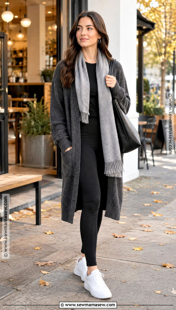 Gray Cardigan With Black Leggings - 15 Gray Cozy Fall Fashion Ideas