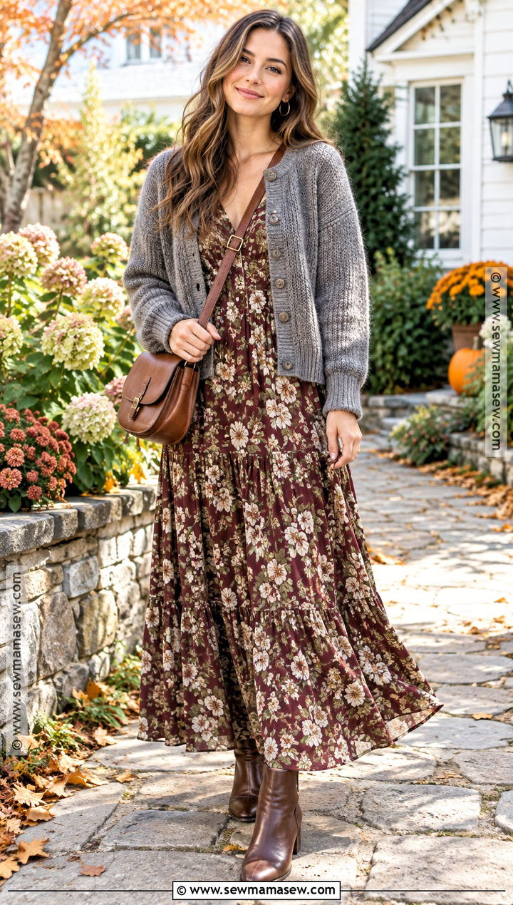 Gray Cardigan With Floral Maxi Dress And Boots - 15 autumn gray cardigan style ideas