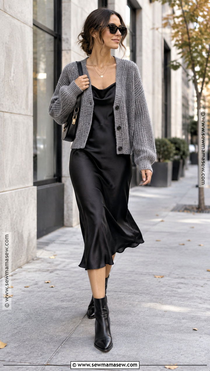 Gray Cardigan With Slip Dress And Ankle Boots - 15 autumn gray cardigan style ideas