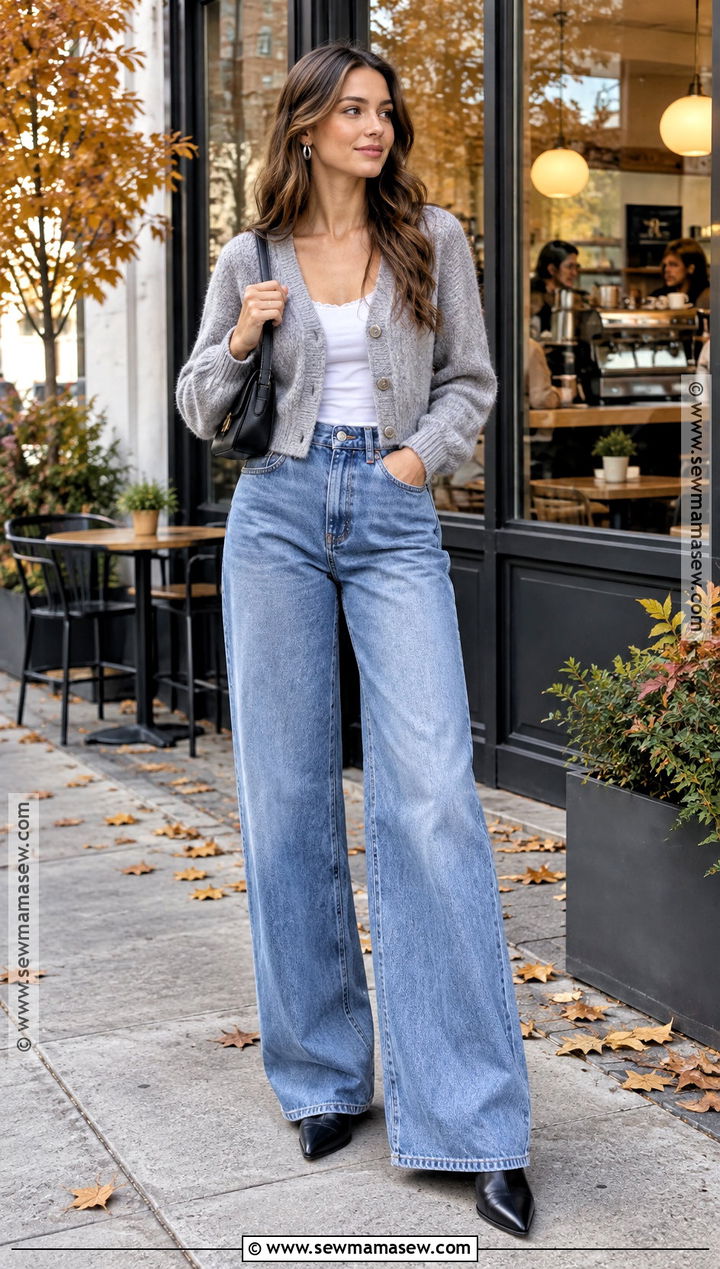 Gray Cardigan With Wide Leg Jeans - 15 autumn outfit with cardigan and jeans