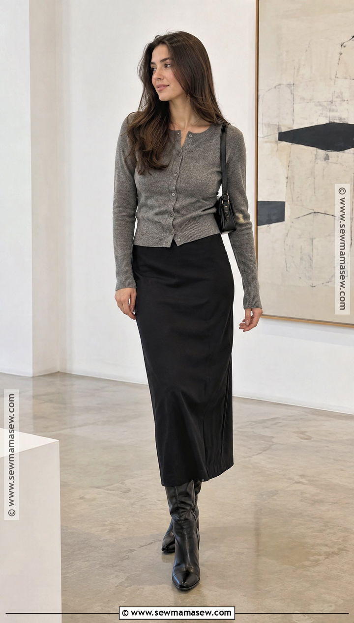 Gray Cardigan and Black Column Skirt Fall Outfit - 15 Fashion Inspo Outfits Minimal Chic Fall