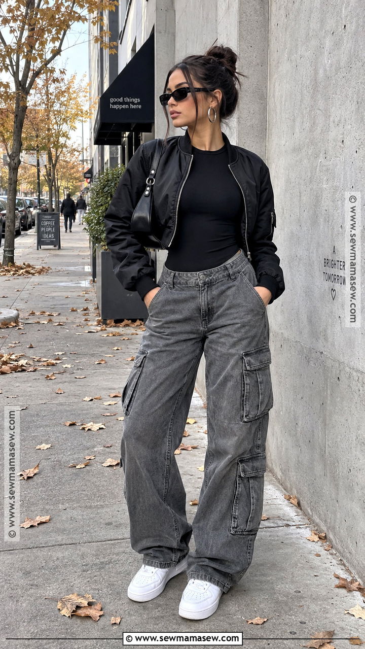 Gray Cargo Pants With Black Bodysuit And Bomber Jacket - 20 fall cargo pants outfit for women