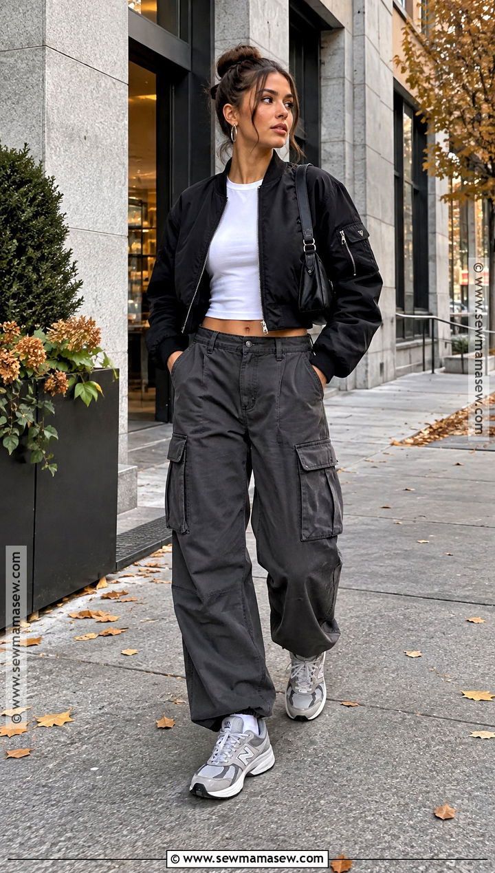 Gray Cargo Pants With Bomber Jacket - 15 Cargo Pants Outfit Fall Street Styles