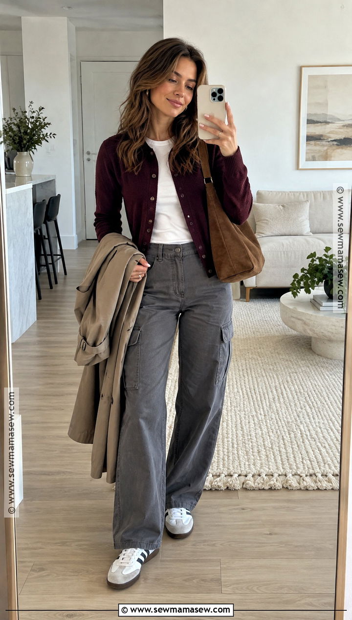 Gray Cargo Pants With Cardigan And Retro Sneakers - 15 Fall Outfit Ideas With Cargo Pants