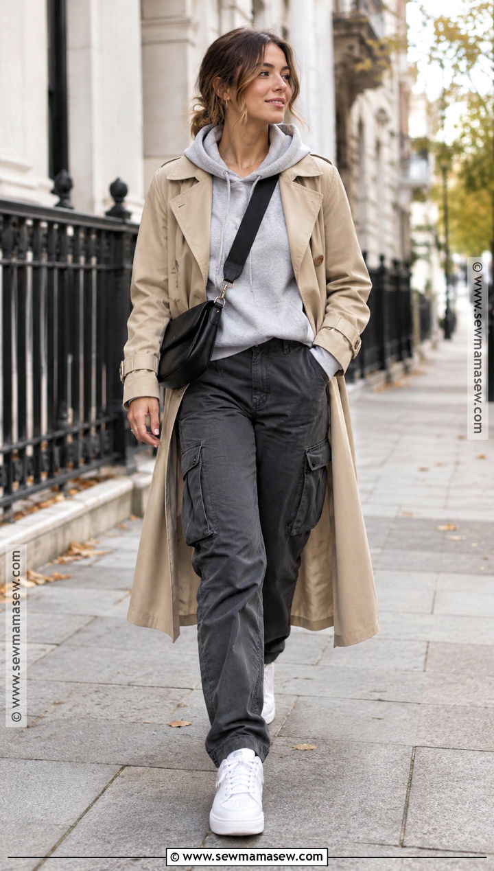 Gray Cargo Pants With Hoodie And Trench Coat - 20 fall cargo pants outfit