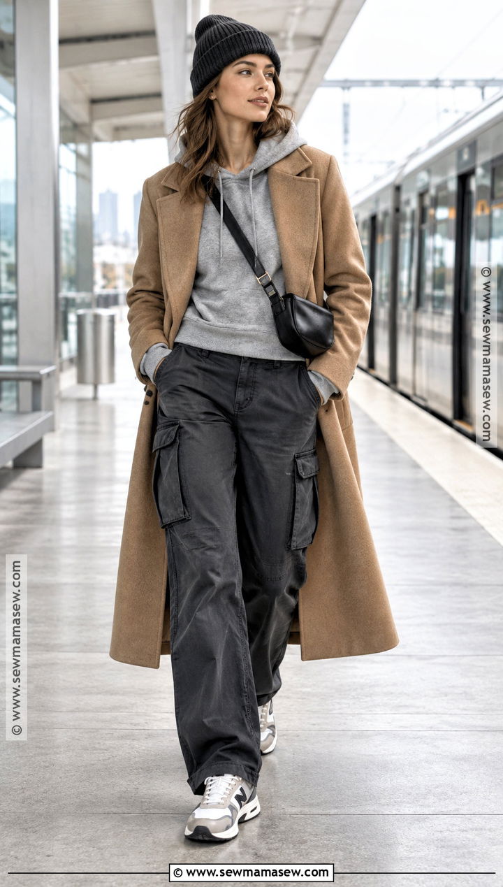 Gray Cargo Pants With Hoodie and Wool Coat - 15 fall outfits women cargo pants