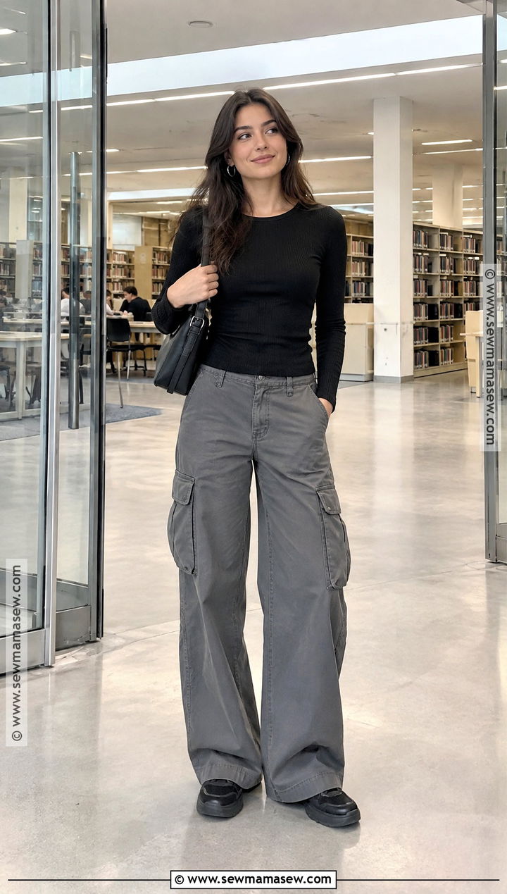 Gray Cargo Pants With Ribbed Long Sleeve Top - 20 back to school outfits cargo pants
